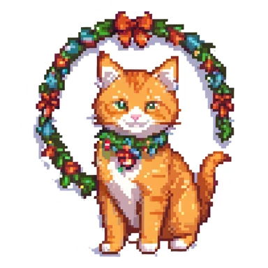 minimalist pixel art of an orange cat with a Christmas garland like on a New Year tree, gaming style sticker