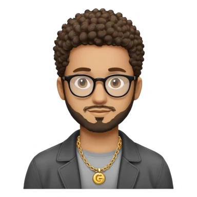 Hombre latino piel marron claro, cara estirada ovalada, gafas redondas oscuras, barba corta, pelo muy corto a los lados   rizado. Sonrisa leve, expresión tranquila. Camiseta gris, jacket negro abierto, collar G dorado sticker