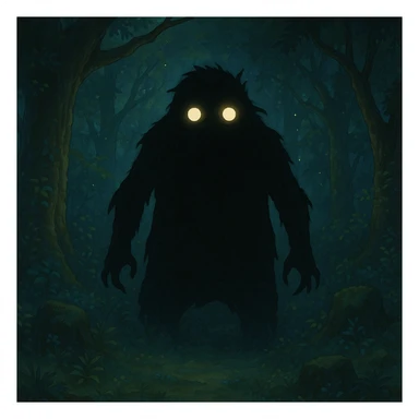 mysterious shadowy monster with glowing eyes in a magical forest background in ghibli style sticker
