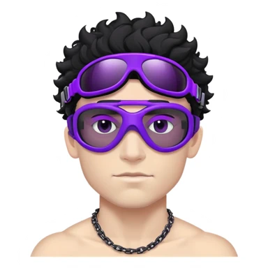 shirtless male athlete with white skin and moderately curly black hair on top with shaved sides, wearing ski goggles with purple frames/outline and very dark heavily tinted black lenses that completely hide the eyes, and a simple plain black chain necklace, no earrings sticker