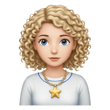 Very white woman, with blue/grey eyes, straight brown hair that is a little bit blonde and the tips are curly, cute white outfit, star neckless sticker