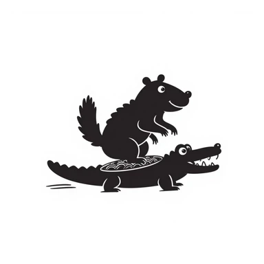 a capybara surfing on a crocodile, black doodle style, white background sticker