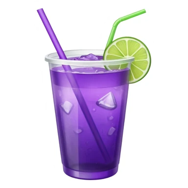 purple cocktail with a lime in a plastic cup with lid and straw sticker
