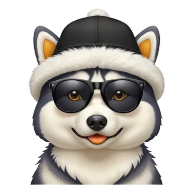 Husky dog wearing black sunglasses and a hat with duck pattern sticker