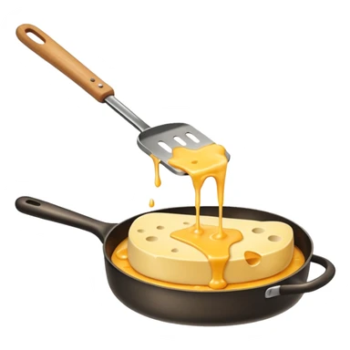 Emoji of raclette cheese being scraped with a metal spatula, melted cheese flowing, warm golden colors, modern emoji style, clean outlines, transparent background sticker