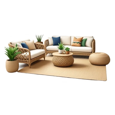 modern boho living room with many indoor plants, rattan furniture, white walls, and natural light sticker