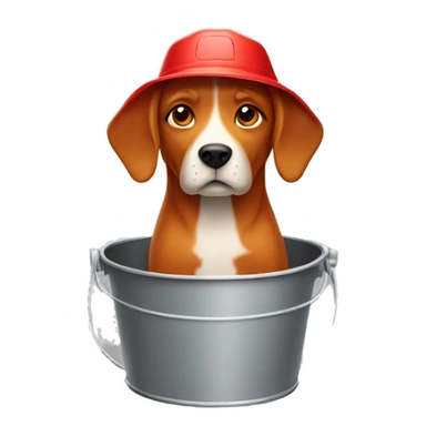 Red Dog wearing a bucket sticker