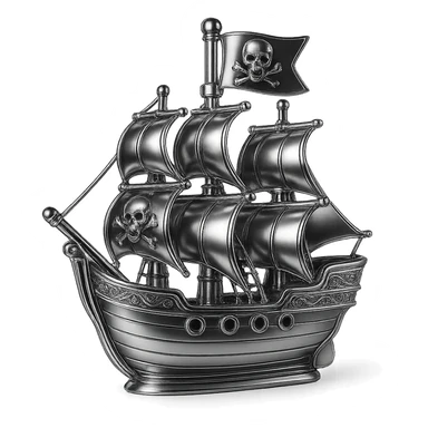 Refine the pirate ship's flag emblem to closely match the provided skull and crossed bones: a realistic animal skull with open mouth and two curved bones crossing behind it, all rendered in a dramatic chrome style. Keep the rest of the ship and flag in chrome with a dramatic effect. sticker