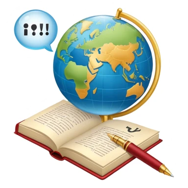 An icon featuring an open book, a speech bubble, and a pen, symbolizing philology and linguistics. The design includes a globe with language characters and grammar symbols, representing the study of languages and literature. Transparent background highlights language analysis. sticker