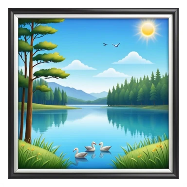 Cinematic Realistic Lake Emoji, Calm and reflective, with clear blue waters mirroring the surrounding landscape, framed by tall trees and grassy shores. The sunlight sparkles on the water’s surface while birds and animals play at the edge. Soft glowing outline, capturing the essence of peaceful serenity in a tranquil lake. sticker