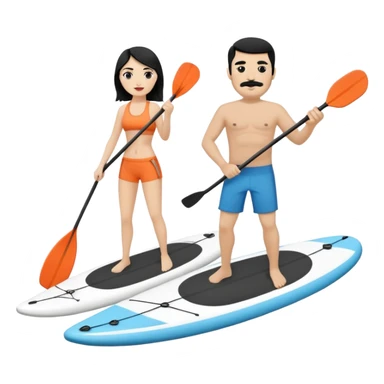 Make a couple paddle boarding both white skin and black hair and the guy has a black mustache, both in the same paddle board sticker