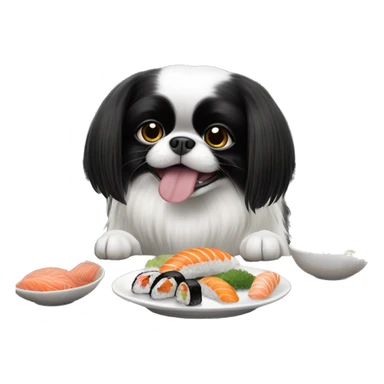 Black and white-colored Japanese Chin dog eating sushi at a restaurant  sticker
