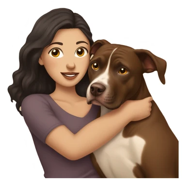 A woman with dark hair and brown eyes is hugging a ball over brown pitbull femail dog with golden eyes with cropped ears  sticker