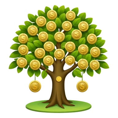 Apple-style money tree (not so mush coins), round soft green canopy.
No pot, no ground — only the tree.
Small gold coins as fruits inside the leaves (not below).
Flat 2D vector, clean shapes, no gradients.
Dark near-black background, premium fintech icon. sticker