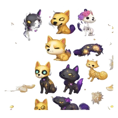 Black iridescent dog fox zombie skeleton gold mechanical nebula galaxy stars flowers fairy lights vintage sticker