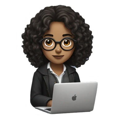 Hermione Granger with black curly hair and specs, working on laptop sticker