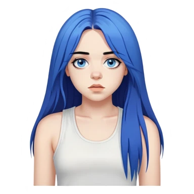 billie eilish long black hair blue eyes dark eyeliner makeup, wearing white singlet sticker