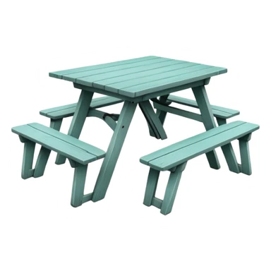 functional scenic prop picnic table with benches, soft teal, straight vertical legs, wheels, flat wood-style silhouette, clean geometry, minimal shading sticker
