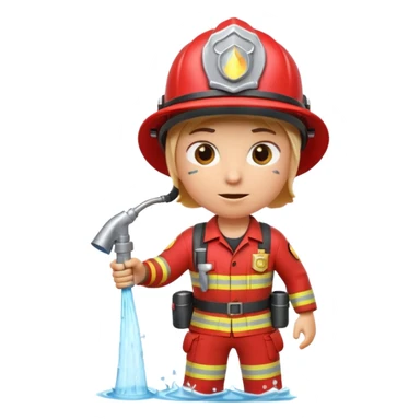 A 3D Apple-style emoji character dressed as a firefighter in a bright red uniform and helmet, holding a fire hose spraying water forward, determined expression with cartoonish eyes, water splashing effect, clean minimal background sticker