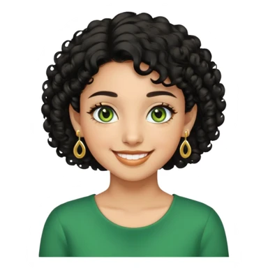 Girl showing happiness, medium skin tone, short curly black hair, gold earrings, green eyes sticker