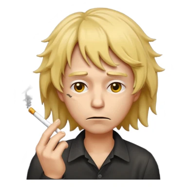 stressed classic yellow emoji looking down shaking head wearing a disheveled wig with a cigarette in hand sticker