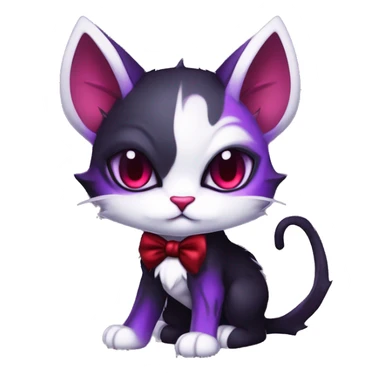 Cute-Evil-Vampiric-Batty-Cat-Black-Purple-Red-White-Contrast-Colors-Fantasy-Fur-Sona-Chibi-Shiny-Fakémon-Hybrid with horns and big fangs neck bow white tie leg spats full body sticker