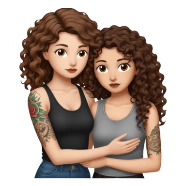 whisper plan — long wavy brown hair tattooed woman and short tight curly brown hair woman — leaning close plotting sticker
