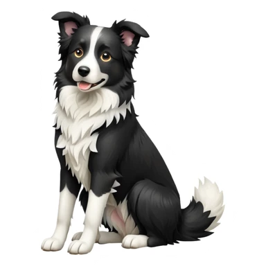 cinematic-[border collie dog]-realistic-full-body-sitting-emoji,-tail-resting-loosely-beside-its-paws,-head-tilted-dramatically,-scruffy-[black and white]-fur,-simplified-yet-realistic-focused-features,-highly-detailed,-glowing-with-an-almost-sarcastic-glow sticker