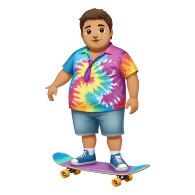 Full body chubby Mexican man with a skateboard from the city in shorts and a tie-dye tshirt sticker