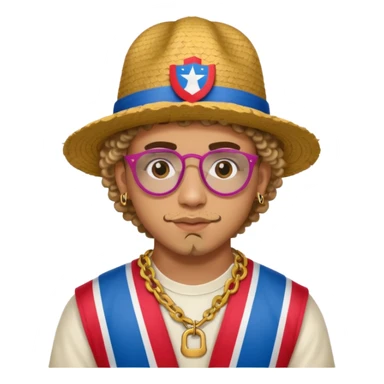 An emoji of Bad Bunny, the superstar from Puerto Rico. The singer. His hair is curly. He has a padlock beard. An an traditional boricua hat.  sticker
