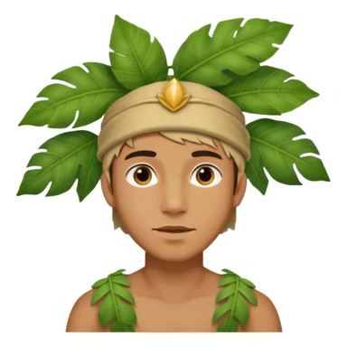 a young man explorer with jungle wearing a large leaf headgear bye  sticker