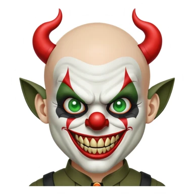 evil clown, bald, short devil horns on forehead, fangs, pointed ears, black and military green leisure suit, battle-ready fighting posture sticker