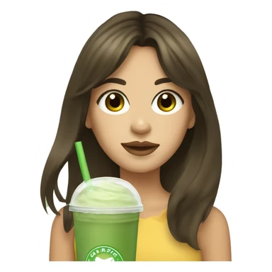 brunette girl with curtain bangs with brown eyes drinking an iced matcha latte  sticker
