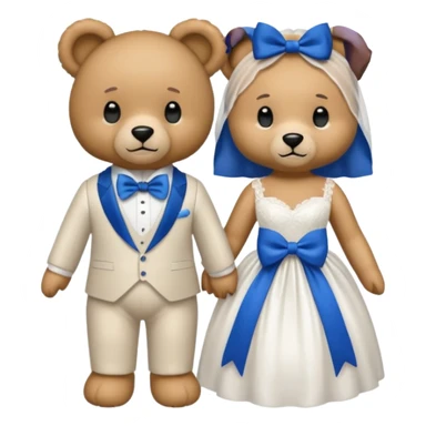 Teddy bear wearing white wedding dress holding the hand to another teddy bear wearing a big royal blue bow tie sticker