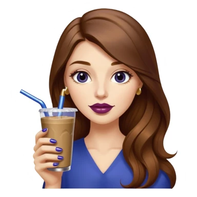 girl with long brown hair, wine lipstick, gold nail polish, drinking a blueberry butter pecan iced coffee with a metallic straw  sticker