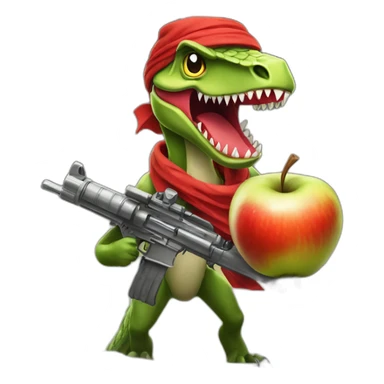 An angry apple with a red bandana riding a velociraptor that is firing machine guns sticker