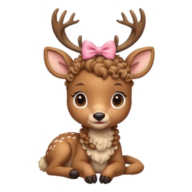 cute deer with curly fur, sitting down, wearing a bow on its head. sticker