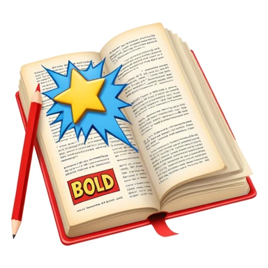 Create a vibrant emoji representing comic books and graphic novels. The design should feature a large, open comic book or vintage comic magazine with pages displaying classic comic art, with text. The comic pages should have bold, dynamic panels and action scenes. Include a pencil writing on the pages, but without a hand, to symbolize the artistic creation of comics. Use bright colors like red, blue, and yellow, with a retro feel to the design. Make the background transparent. sticker