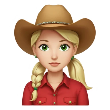 woman red shirt cowboy hat green eyes blonde hair with a ponytail resting on the right shoulder sticker