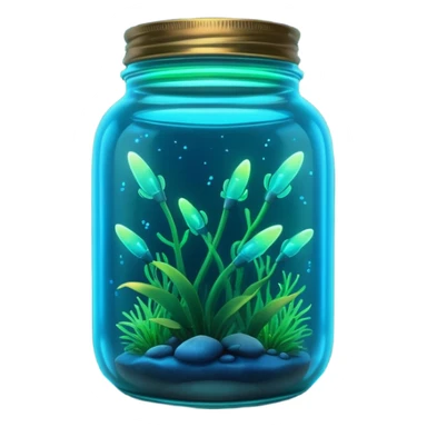 3D render of Firefly Jar, bioluminescent deep sea style, glowing neon blue and green lights, dark background to contrast the glow, translucent organic textures. sticker