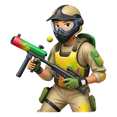 A dynamic scene of a player in action, holding a paintball gun and wearing protective gear. The background shows a vibrant paintball field with obstacles, colorful splatters of paint in the air, and an intense, competitive atmosphere. sticker