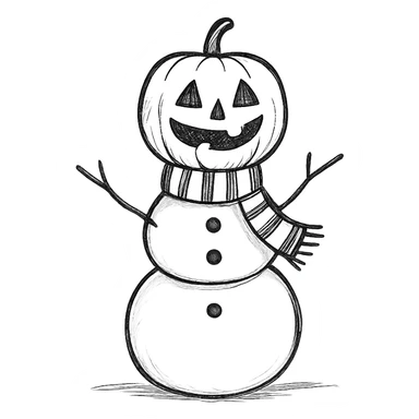 Change the snowman's head to a hollowed-out pumpkin while keeping the body like a classic snowman. Render in a hand-drawn sketch style. Keep the background as is. sticker