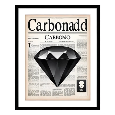 a large newspaper. The  has the title “Carbonado” in bold letters and features a central image of a shining black diamond.background is minimalistic and light. The overall atmosphere chic, sophisticated. sticker