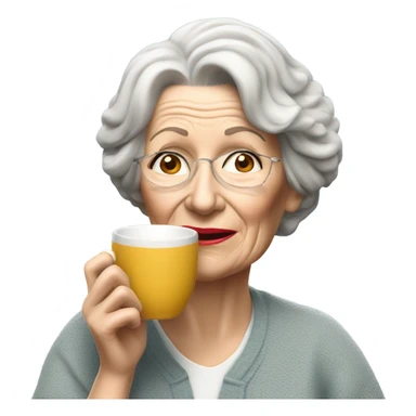 3d hyper realistic senior woman drinking a cup of tea with a biscuit  sticker