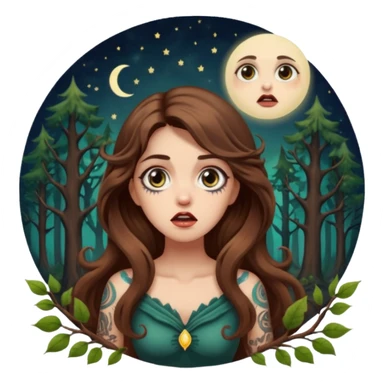 shocked forest mystic woman long wavy brown hair tattoos wide eyes moon glow sticker