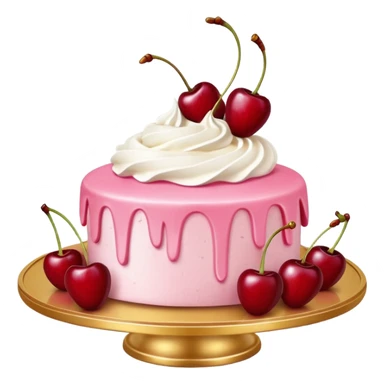 Round pink frosted cake with textured buttercream sides, placed on a gold cake board.
White whipped cream swirls on top, each topped with glossy red cherries with stems, clean studio lighting, isolated background, realistic minimal smooth emoji-style. sticker