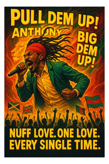 A vibrant reggae-inspired poster scene featuring Anthony B in full performance energy — dreadlocks flying, mic in hand, mid shout, pulling up the riddim. The background is a glowing fusion of red, gold, and green flames with lion imagery and subtle cosmic light trails. Around him, the words “Pull Dem Up! Big Dem Up!” explode like soundwaves. Below, a crowd of diverse viewers is shown — silhouettes of people from all nations, hands raised, flags waving (Jamaica, UK, Africa, etc). In bold text across the bottom: “Nuff Love. One Love. Every Single Time.” sticker