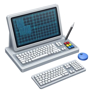 Emoji for Game Design: computer screen with Professional game development interface, 3D models, pixel art and design tools like grid, wireframe, and stylus. Symbolizes the technical and creative process of game development. Transparent background. sticker