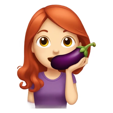 Red haired girl holding eggplant near mouth pretending to bite it sticker