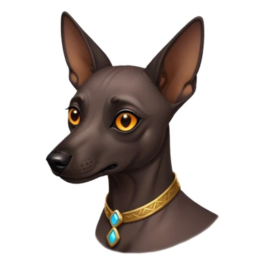 Cinematic Noble Xoloitzcuintle dog Portrait Emoji, Poised and regal, with a sleek, muscular build and smooth, hairless ebony skin accented by subtle wrinkles, deep-set soulful dark eyes, Simplified yet sharp and sophisticated features, highly detailed, glowing with a soft, dignified glow, high shine, intelligent and loyal, stylized with an air of ancient grace, focused and attentive, soft glowing outline, capturing the essence of a watchful and confident guardian, so majestic it feels as though it could stride out of the screen with effortless authority! sticker